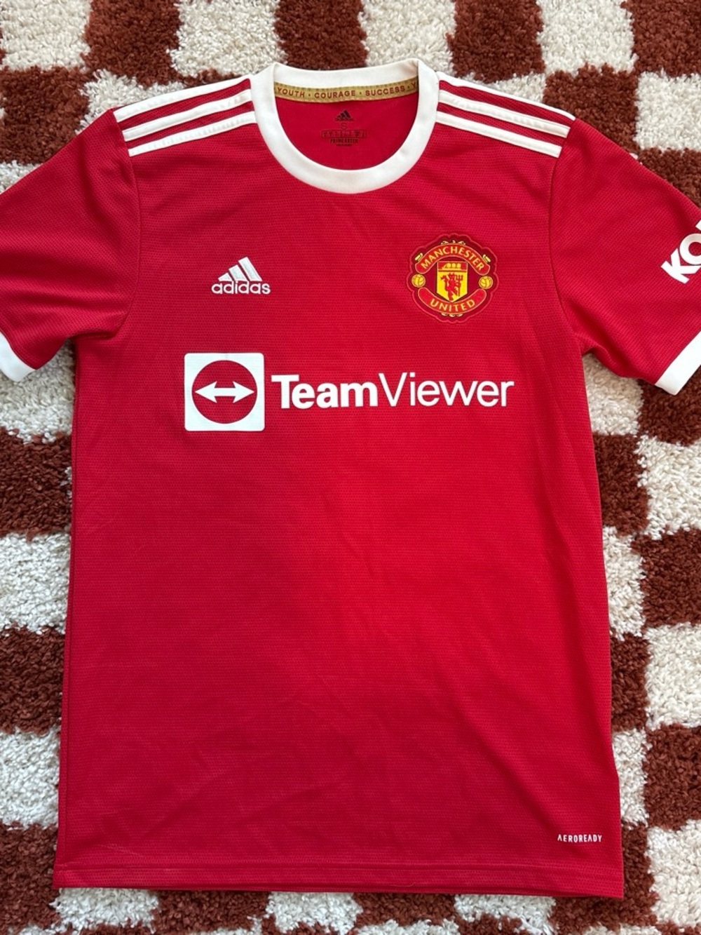 adidas Red Manchester United Short-Sleeve Soccer Jersey with White Trim